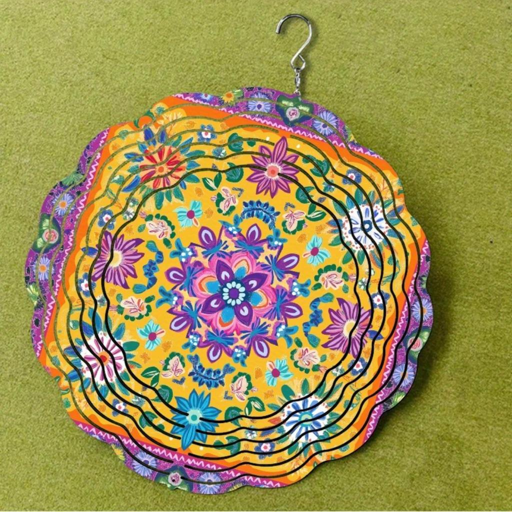 10 Zoll Metall Mandala Windspiel Outdoor Gartendekor Mehrfarbig Floral Hängekunst für Terrasse Balkon Hof Keine Batterie erforderlich