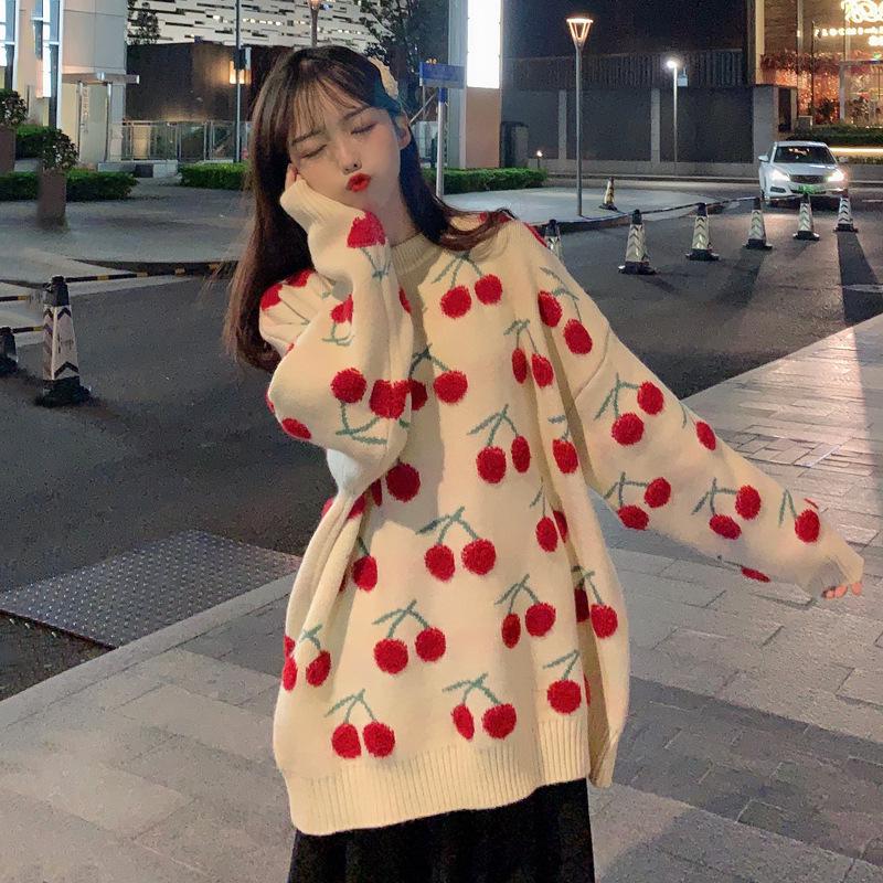 Autumn 2023 Girls' Sweet Red Cherry Sweater - Japanese Style, Loose Fit, Long Sleeve
