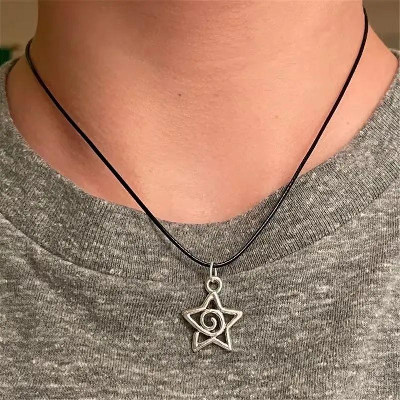Y2K Star Moon Pendant Choker Celestial Necklace Leather Cord Chain Silver Tone Swirly Star Earrings 90s Retro Sweet Cool Jewelry