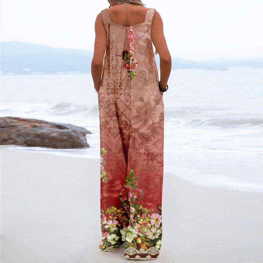 Womens Overalls Casual Print Wide Leg Jumpsuits Bib Rompers Sleeveless Straps With Pockets Outfits