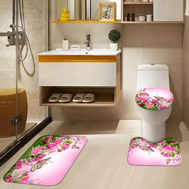 4Pcs Pink Flower Shower Curtain Sets for Bathroom Non-Slip Bathroom Rugs Lid Toilet Cover Bath Mat