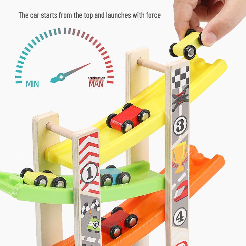 Children's Wooden Multi-Layer Racing Track Toy with Inertial Glider Cars