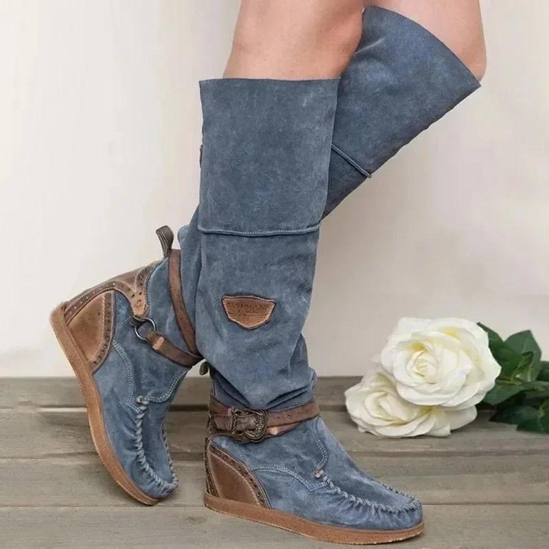 Vintage Damenstiefel Lässige Kniestiefel Damen Schuhe mit hohen Absätzen Thermische Überschuhe Hoher Stiefel Zapatos Mujer Sapato 2025