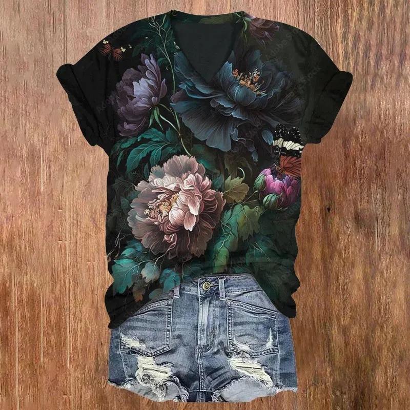 Sommar V-ringad 3D Blommig Tryckt Topp Trendiga Casual Kortärmade Dam T-shirts