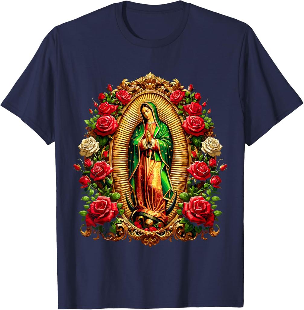 Virgen De Guadalupe Religious Graphic Tee Men Casual Cotton Rose Print T-Shirt