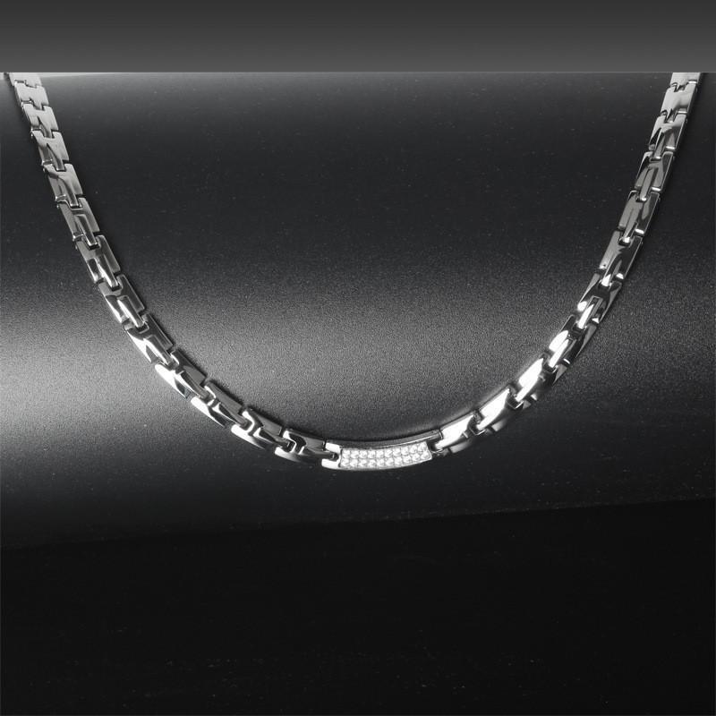 Magnetic Titanium Steel Necklace With Double Row Rhinestone Studs Women Geometric Design Gold Rose Tone 50cm Steel