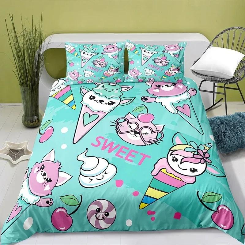 Lovely Cartoon Food King Queen Duvet Cover Pearl Milk Tea Bedding Set Kids Teens Adults Dessert Fries Cola Polyester Quilt Cover