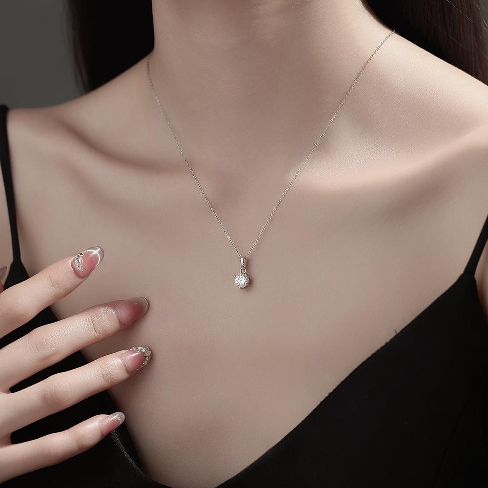 Elegant Women's 925 Sterling Silver Six-Prong Solitaire Pendant Necklace - Luxury Banquet Clavicle Chain Accessory