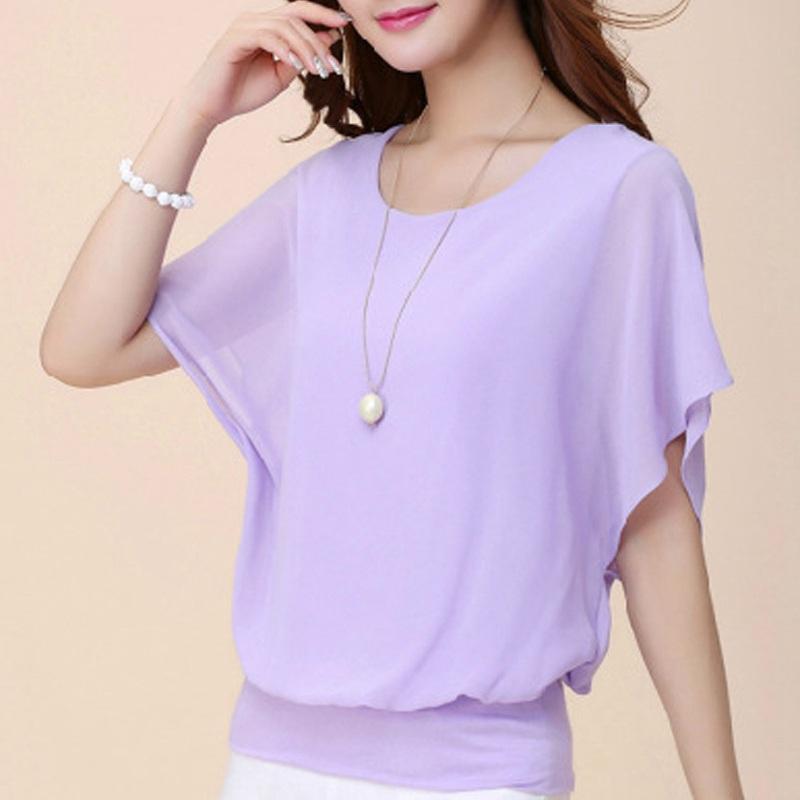 Summer New Solid Color Chiffon Shirt Sweet Short-Sleeved T-shirt Large Size Women's Clothing