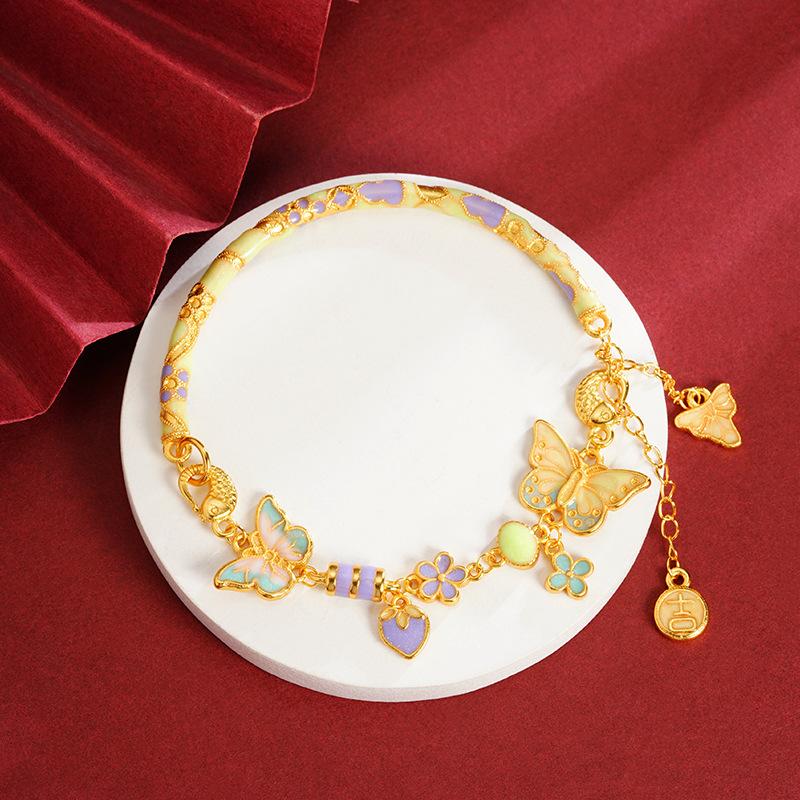Sand Gold Bracelet for Women, Light Luxury Enamel, Ancient Butterfly Half Bracelet Design, Long-lasting Accessory Gift