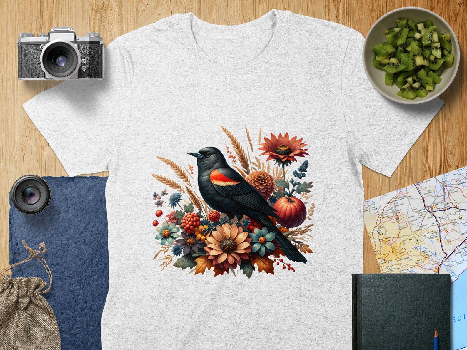 Red-winged Blackbird Bird Lovers T-Shirt, Winter Floral Design, Bird Watcher Tee, Floral Bird Art, Bird Graphic T-Shirt, Nature Lovers Gift 4XL