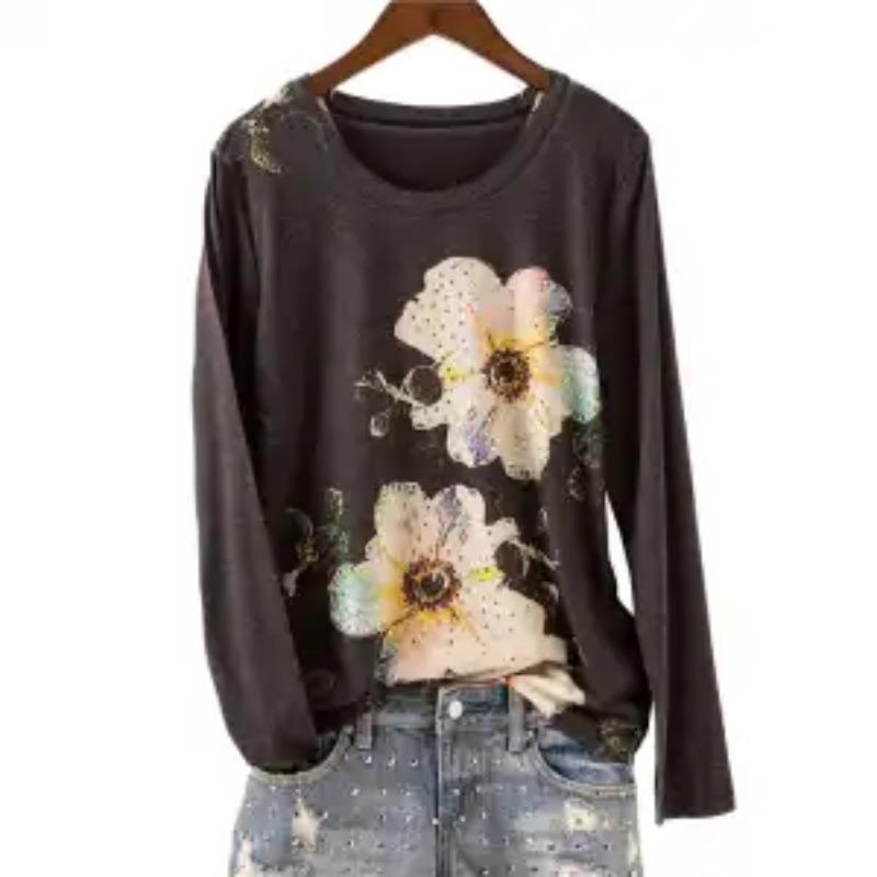 

Spring New Top Fashionable Hot Diamond Fantasy Beauty Print Thin Slim Women s Long-sleeved T-shirt M чёрный