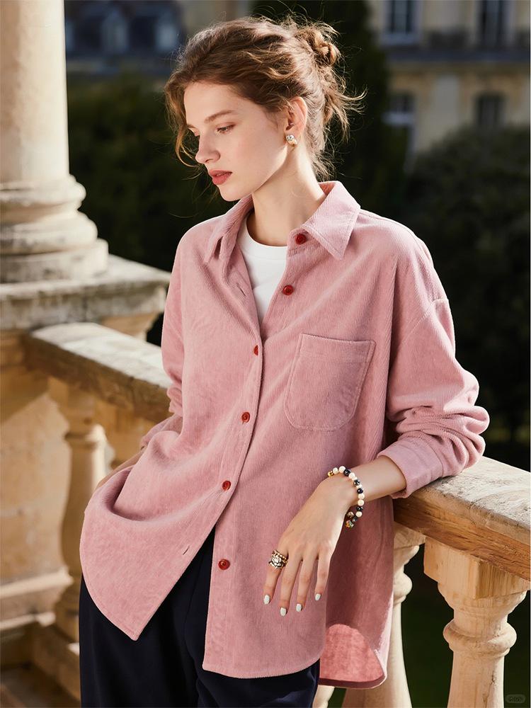 High-End Pink Corduroy Lapel Shirt - Versatile, Trendy, Spring 2026 Women s Fashion XL