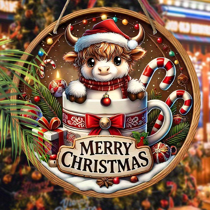 

Рождественская декоративная табличка, подвесные украшения, 2D плоский деревянный продукт с рисунком теленка в чашке, рождественские подарки для друзей и семьи 2D,Style1,1pc