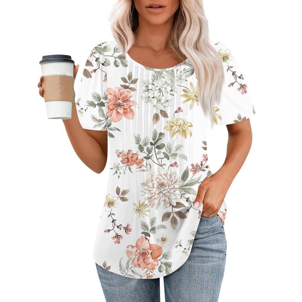 Damen Sommermode Lässig Plissee Rundhals Print Kurzarm T-Shirt Top