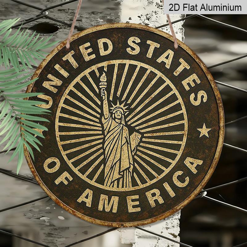 2D Flat, 1pc 7.87x7.87 Inch 2D Flat Round Aluminum Sign - "United States of America" Retro Wall Art with Statue of Liberty Design, Durable Metal