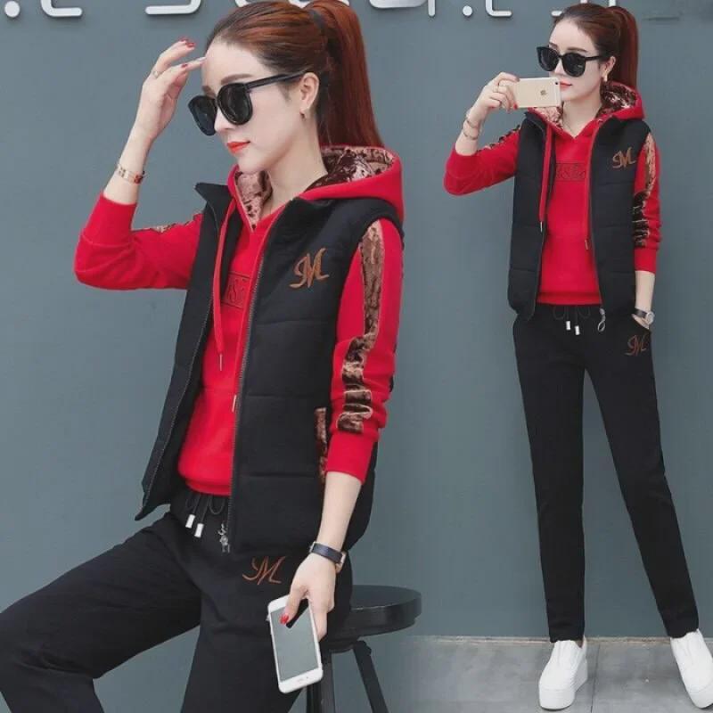 

Женская спортивная одежда больших размеров из бархата: Утолщенный костюм-тройка для повседневной моды осень/зима 2023 3XL красный