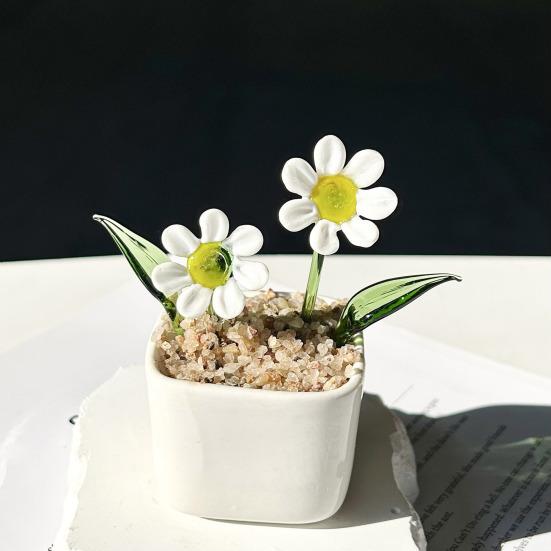 Miniature Glasblomst Figur Håndblæst Mini Blomsterbuket i Pot Samlerobjekt Blomstrende Blomsterpynt til Hjem Indendørs Borddekoration