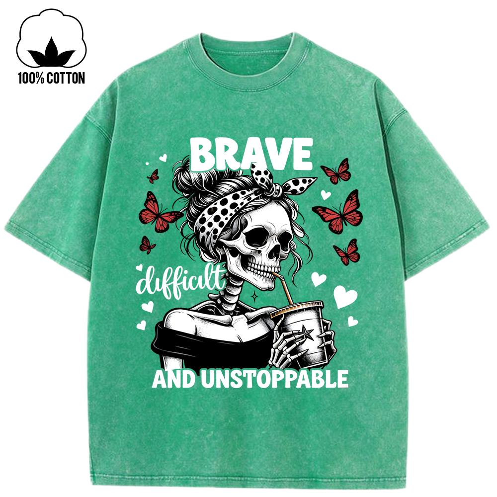 Brave Boissons Difficiles Imprimé Crânes Papillon Trous Troués Lavés T-shirt Femme Coton Col Rond T-shirts Femme Été Ample