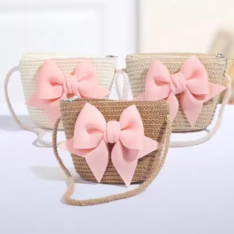 Cute Bow Decor Baby Girls Straw Shoulder Bag Eco-friendly Handmade Woven Crossbody Bag for Kids Party School Trip