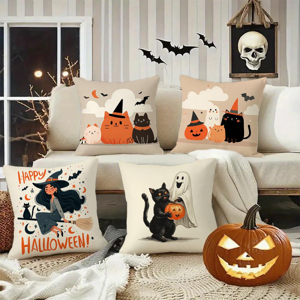 Halloween Cats and Witch Pattern PillowcaseSuitable for Sofa Car Bedroom Decorative Cushion Cover Pillow Cover