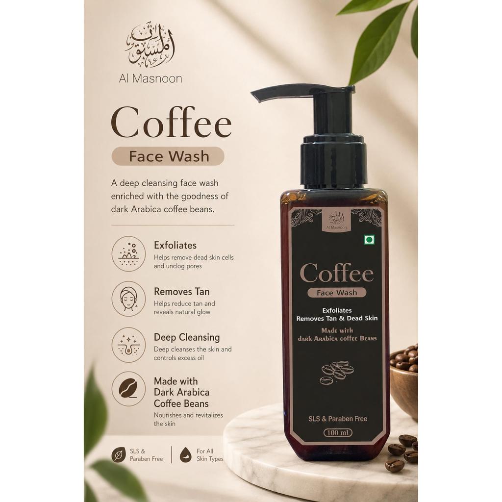 AL MASNOON Coffee Face Wash For Exfoliates & Tan Remover/Made With Dark Arabica Coffee Beans/Sls Paraben Free (100mlpack of 1)
