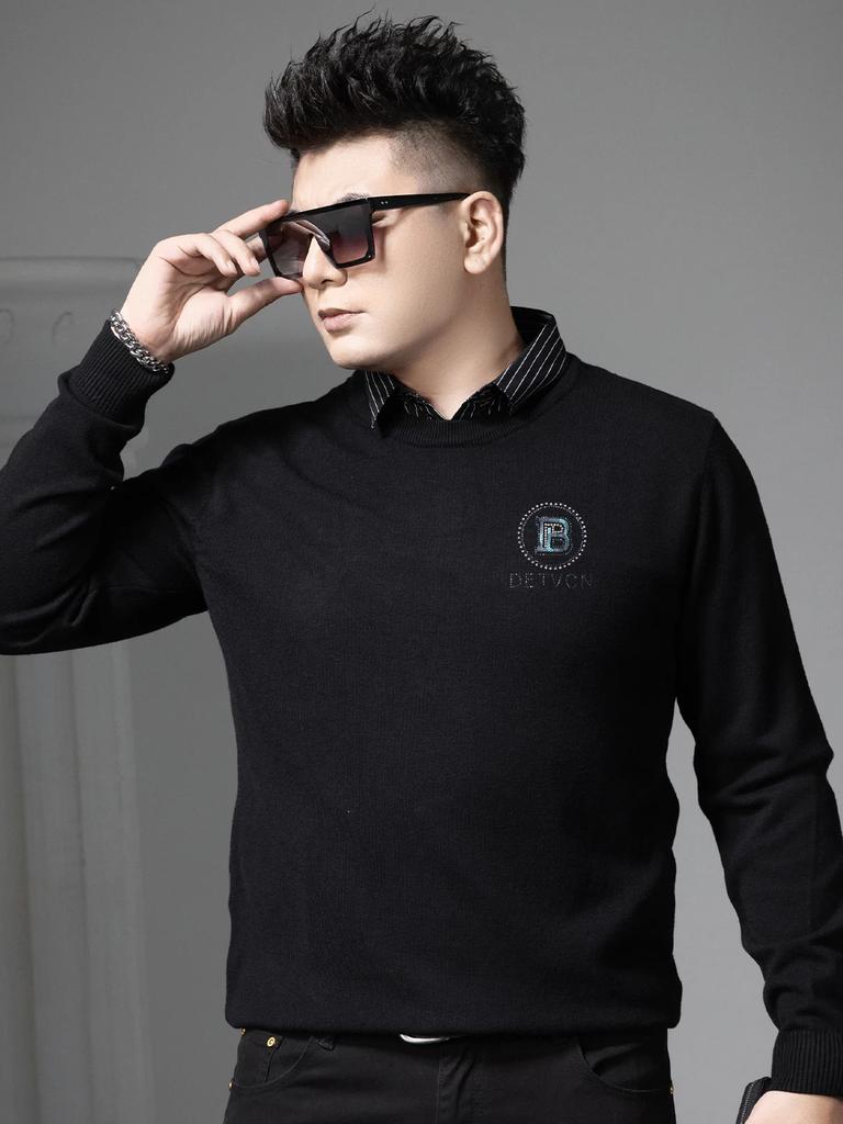 European Trendy Brand Letter-Printed Warm Knit Sweater for Men, 2025 Autumn and Winter New Style, Round Neck, Faux Two-Piece Sweater for Men