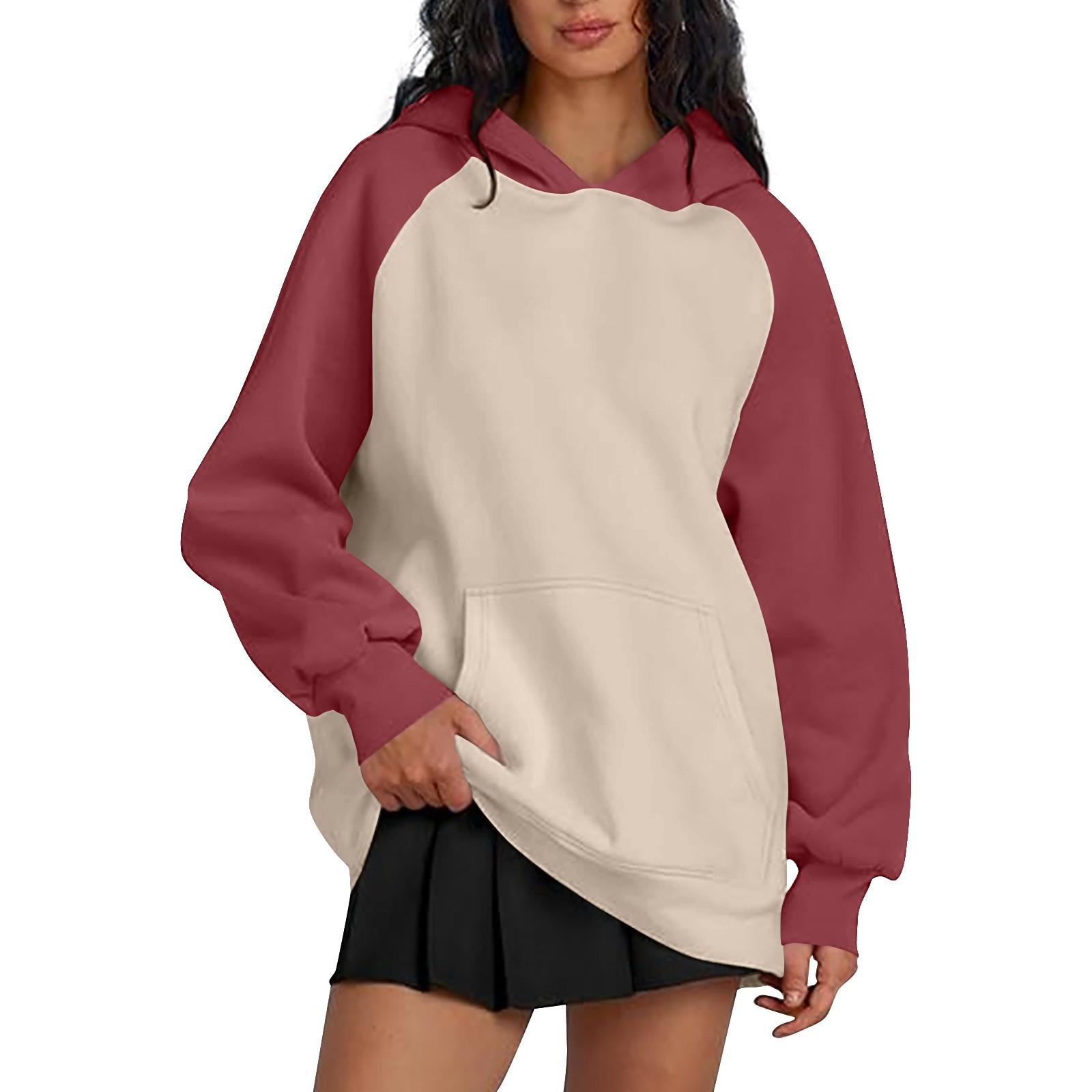 

Женская мода повседневная толстовка с глубоким вырезом на плече с длинным рукавом и капюшоном в стиле пэчворк XL киноварь