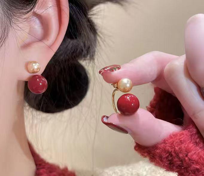 High-End 2025 Two-Way Red Bead Stud Earrings for Women - Fashionable & Versatile