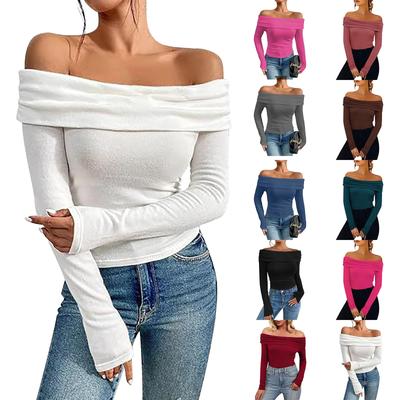 Moda Feminina Tops Femininos Sexy Ombro A Ombro Tops Camiseta Slim Manga Longa Bottoming