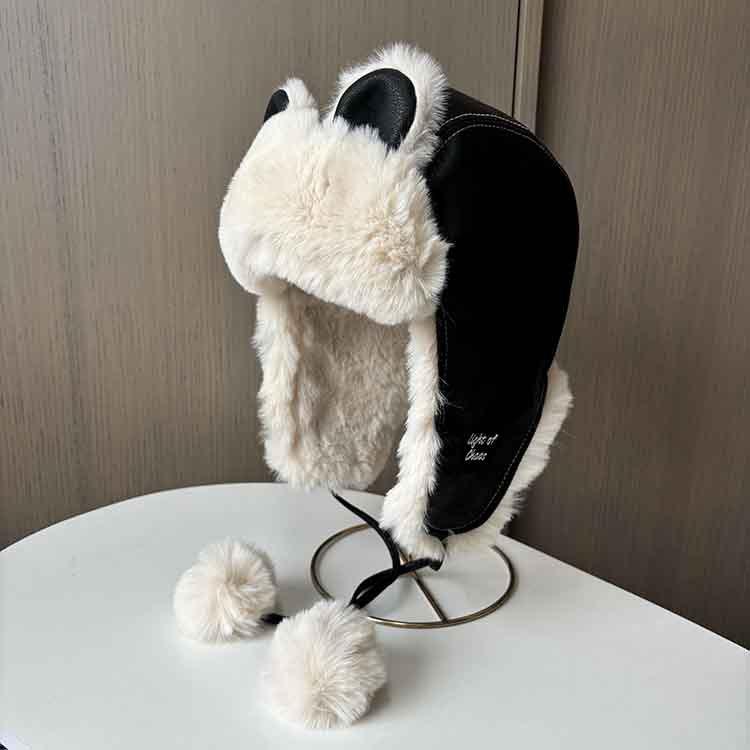 Cute Brown Leather Bear Ears Lei Feng Hat Women's Winter Warm Ear Protection Flying Hat Versatile Velvet Ski Hat