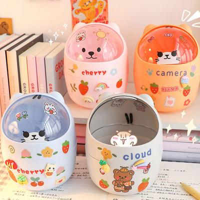 Lixo de Mesa Criativo Fofo para Casa com Tampa Pequeno Mini Kawaii Quarto Mesa Caixa de Armazenamento Porta-Canetas Dê um Adesivo