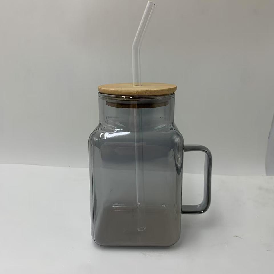 Floral Glass Straw Cup with Square Lid & Handle - High Borosilicate Transparent Design