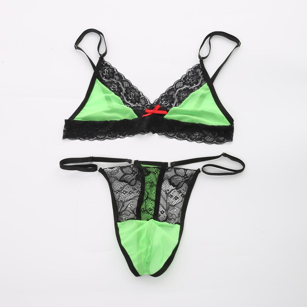 Conjunto de Lencería Sissy para Hombre con Ribete de Encaje Malla Transparente Sujetador Tanga Conjunto de Ropa Interior Outfits Exóticos para Crossdresser Gay Femboy Exótico Ropa de Dormir de 2 Piezas