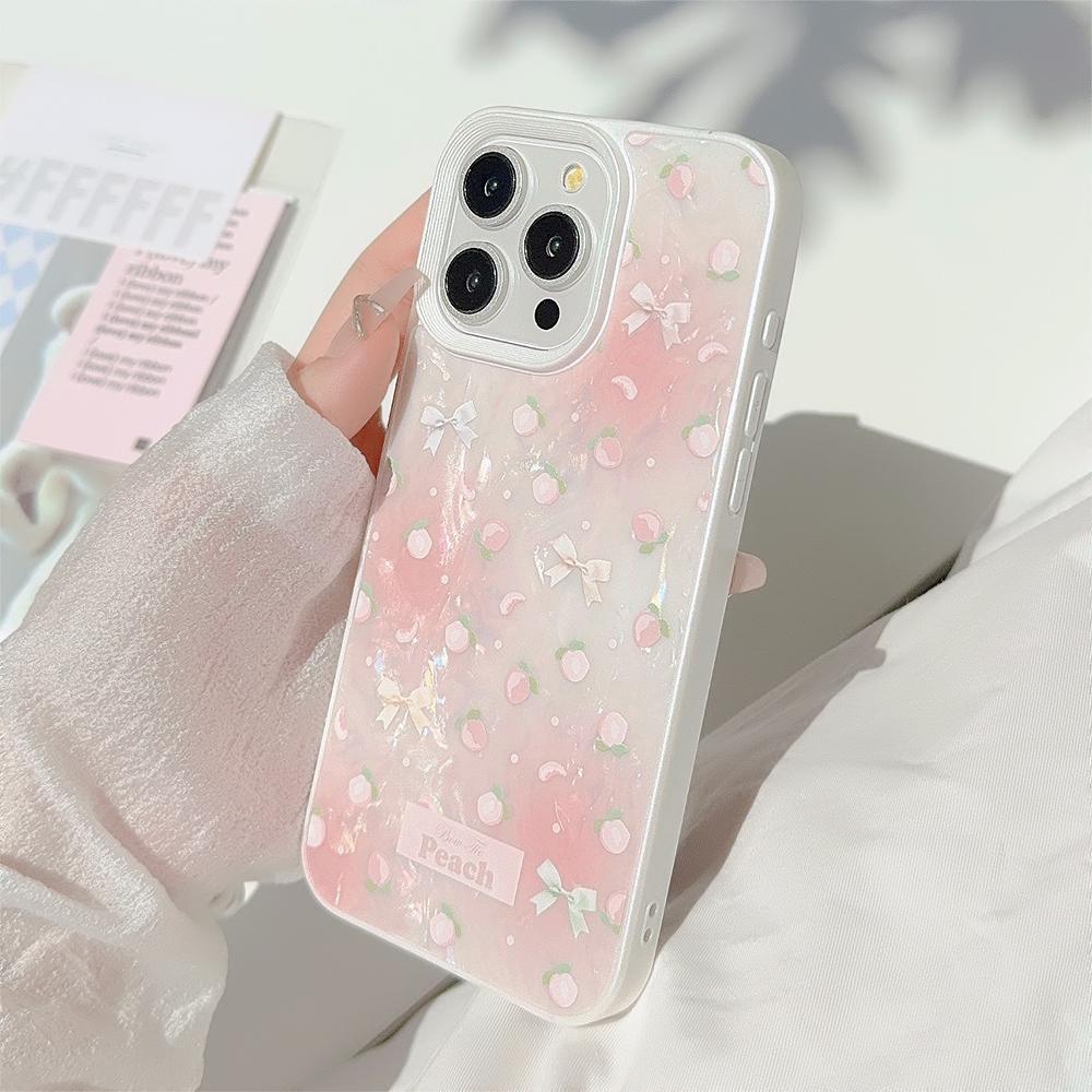 Luxusní Pearl White Shell Pattern kryt na telefon pro iPhone 15 14 13 12 11 Pro Max Plus Peach Pink Knot Bumper Cover