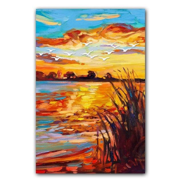 Nordic Watercolor Art Landscape Oil Painting Golden Autumn Canvas Painting for Living Room Corridor Office Home Decoration Mural No Frame