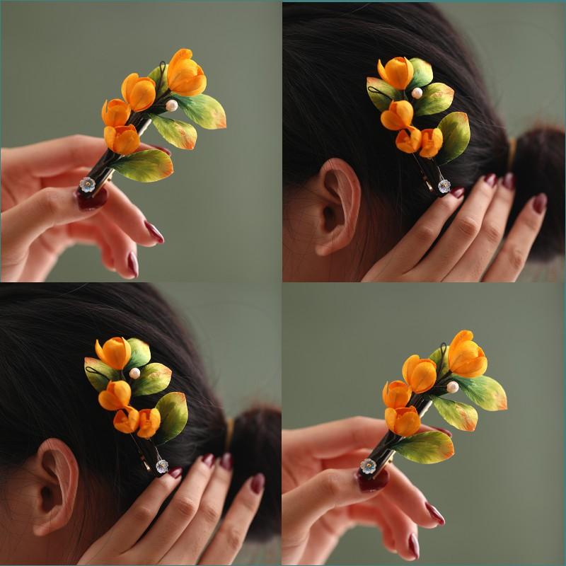 Handmade Chinese Style Silk Velvet Flower Hair Clip Women Side Bangs Decorative Accessory