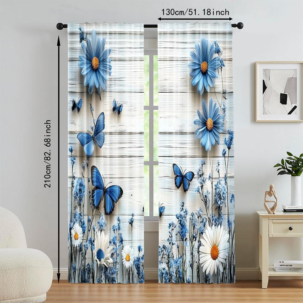 Set Of 2 Rustic Versatile Polyester Transparent Curtains Home Decoration Blue Butterfly Daisy Use Bedrooms Curtain Perfect For Bedroom