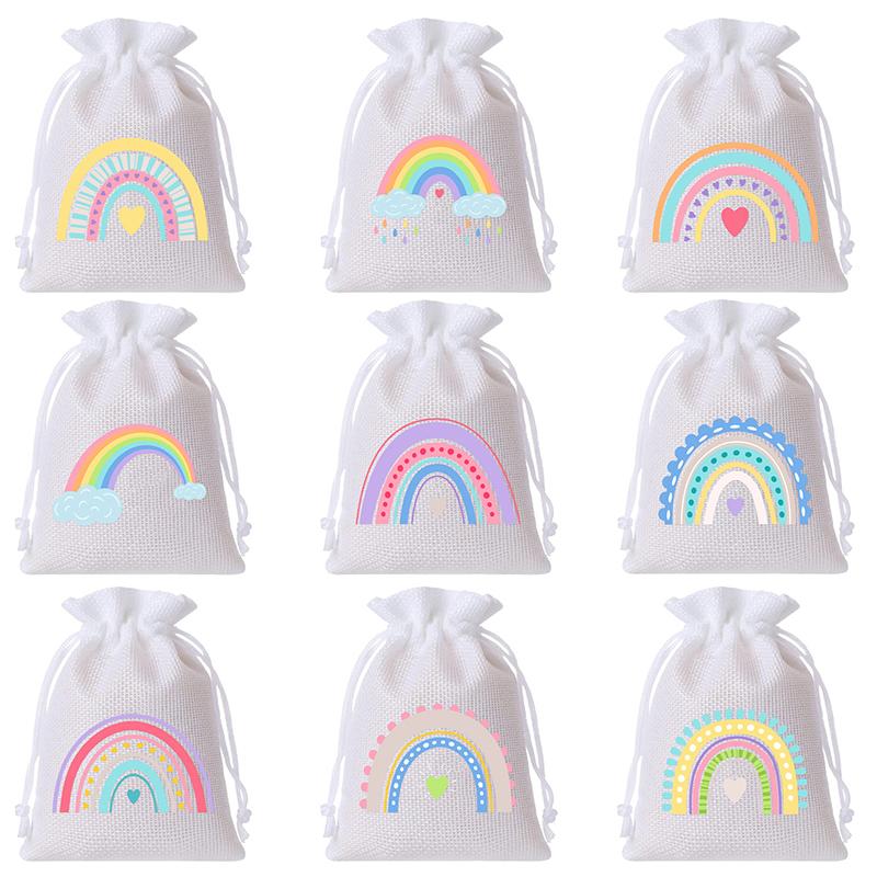 8/9 Stück Leinenbeutel Kreativer Regenbogen-Druckbeutel Aufbewahrungssäckchen Kordelzug Geschenktüten Böhmische Gastgeschenktaschen Natur 10x14cm