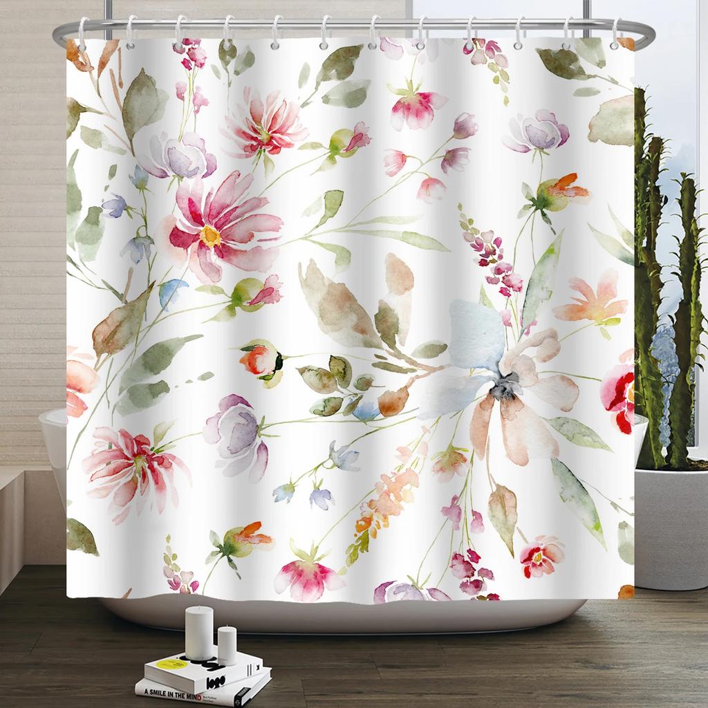 Watercolor Floral Shower Curtain for Bathroom Spring Elegant Flower Printed Bath Curtain Botanical Wildflower Bathroom Decor