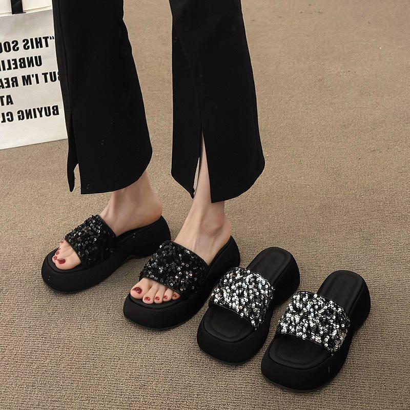 Sense Sequined Muffin Bottom Slippers Women's Summer Wear One Word Women's Platform Sandals Semi-cool Slippers New