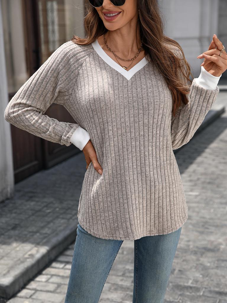 Women's Long Sleeve Knit Top V Neck Casual Chic Contrast Color Ribbed Knit Blouse