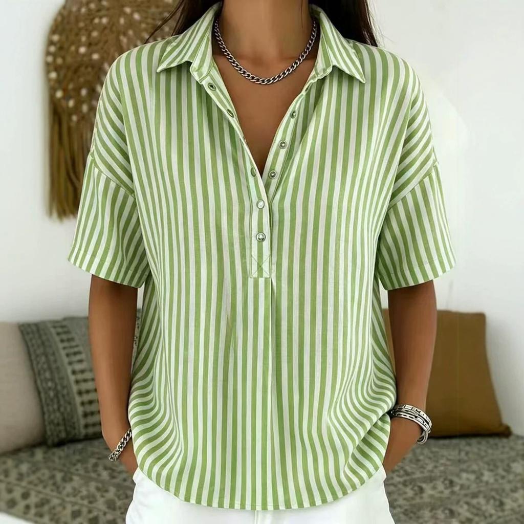 Women Striped Collared Button Down Short Sleeve Loose Fit Casual Top Lightweight Blouse for Everyday Wear Office School Travel