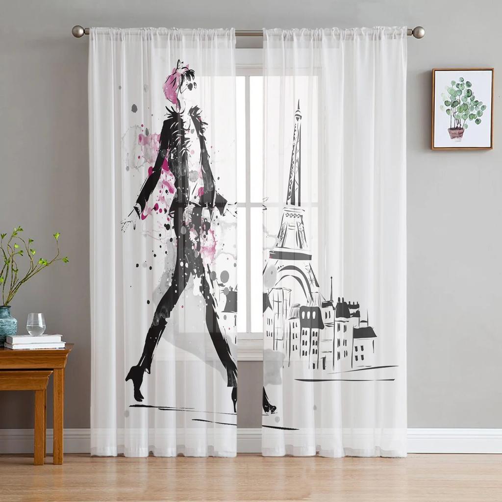 Krásná žena průsvitné závěsy do obývacího pokoje Dětská ložnice Tylové závěsy Závěsy pro ošetření oken v kuchyni