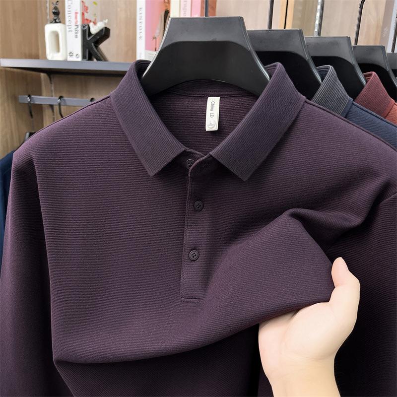 Polo Homme Haut de Gamme Laine Soie Revers Couleur Unie Manches Longues Automne Hiver Décontracté d'Affaires T-shirt
