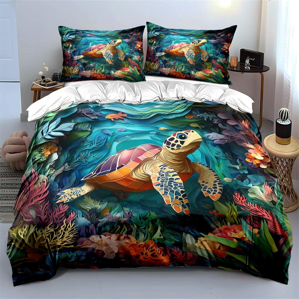 Turtle Swimming Through Colorful Coral Reef Printed Duvet Cover Set1 Duvet Cover+2 Pillowcasemulti Size Bedroom Bedding Decor