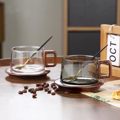 Tazza da Caffè con Manico in Legno con Cucchiaino 200ml Tazzina da Espresso in Vetro con Sottobicchiere Tazza da Tè al Latte per la Casa Tazza da Caffè Macinato Latte con Set Sottotazza