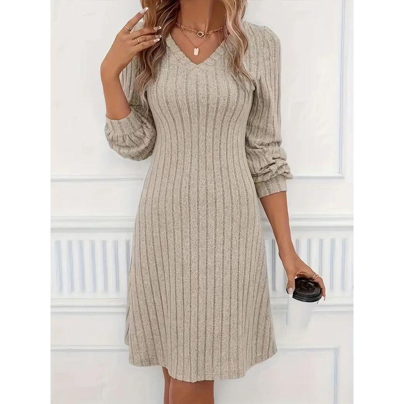 

Fall and Winter New Arrival Fashion Wind Fashion V Neck Light Gray Silm Knitting Mid Length Long Length Long Sleeves Dress Bottoming Dress Apricot XL