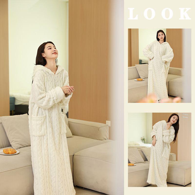 Damen Kapuzen-Zopfstrick-Pyjama-Set - Einfarbig, Dickes Korallenfleece, Plus Samt, Niedlicher langer Bademantel, Perfekt für Herbst und Winter