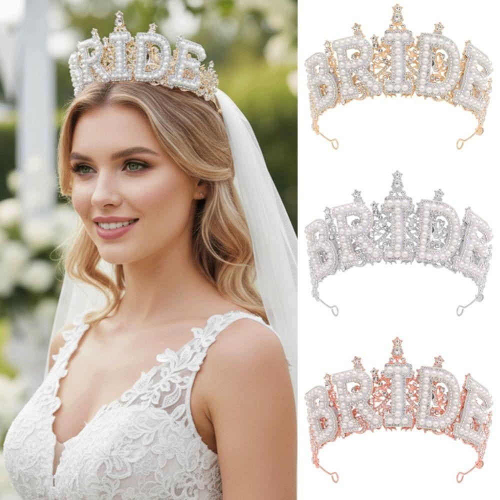 Wedding Decoration White Pearl Letter Crown Shiny Bride Tiara  Bachelorette Party